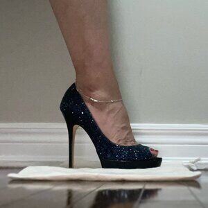 EUC Jimmy Choo Navy Glitter Luna Peep Toe Platform Stilettos Sz. 38.5 / US 8